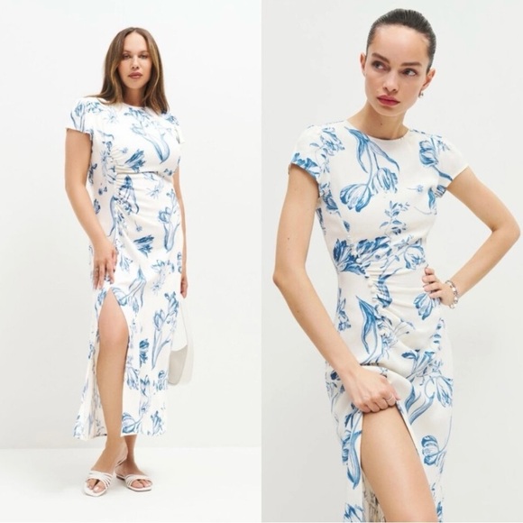 Dresses & Skirts - NWT Reformation Frasier Short Sleeve Midi Dress in Lise White Blue Size 18